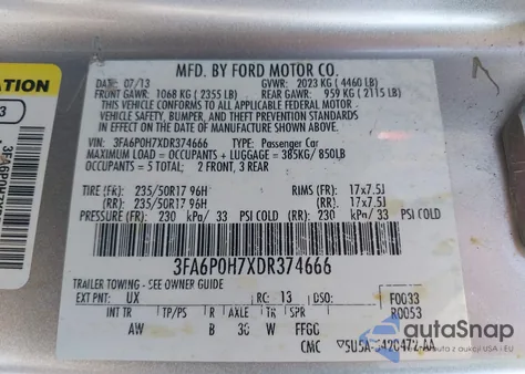 2013 Ford Fusion Se из США, поврежденный, VIN 3FA6P0H7XDR374666